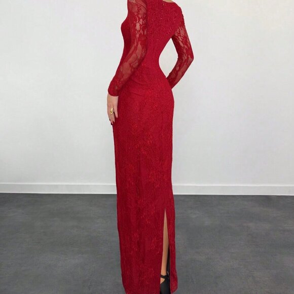 Burgundy Casual Women's Date Night Lace Long Sleeve Square Neck Bodycon Dress - Picture 2 of 7